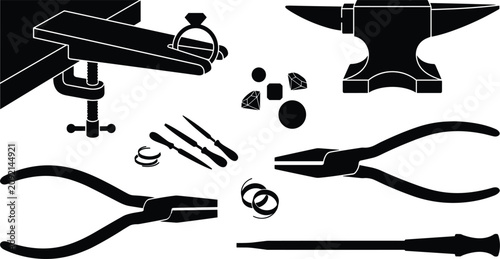 Obraz na plátně Traditional Jeweler Bench Vector Set with Clamped Wooden Pin Ring Mandrel Anvil