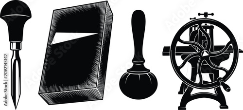 Принти на полотні Vintage Printmaking Tool Silhouette Set with Engraving Burin Etching Plate Ink D
