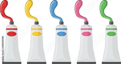 Set of colorful paint tubes with vibrant squeezed paint isolated on white background for creative art design projects