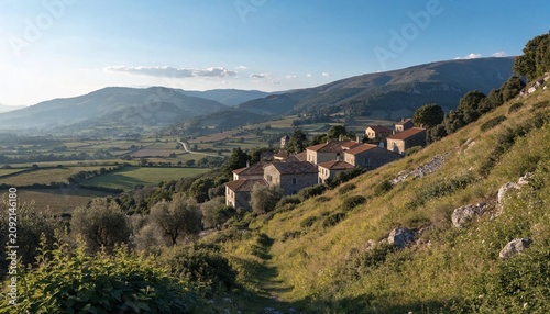 Quiet hillside hamlet of stone houses with terracotta rooftops overlooking green valleys and layered mountains, warm afternoon light on rustic countryside, peaceful Italian village travel scenery