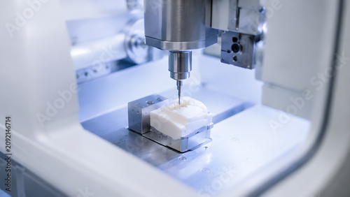 Dental milling machine creating ceramic crown in laboratory