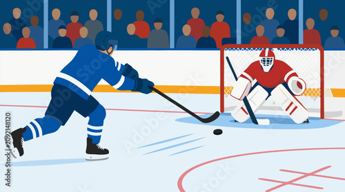Ice hockey forward in blue uniform slapping the puck toward a guarded net, flat vector rink scene with goalie, cheering crowd, fast action, competition intensity, and winter sports energy