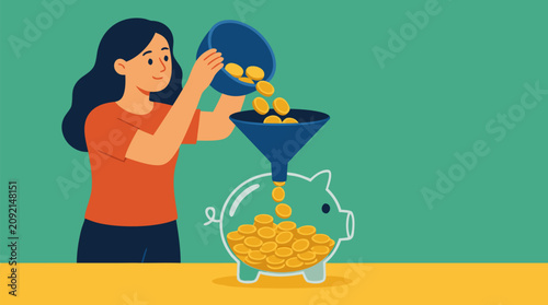 Smiling woman pouring golden coins through a funnel into transparent piggy bank, bright savings and budgeting vector illustration for personal finance, investment goals and money education