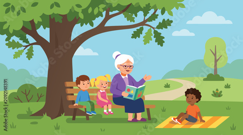 Heartwarming colorful vector illustration of grandmother reading storybook to happy children sitting on park bench under large oak tree with green grass blue sky and playful kids enjoying family