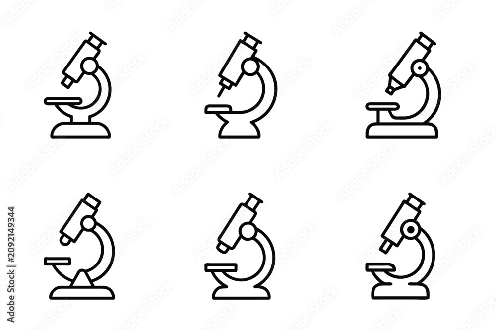 Obraz premium Microscope laboratory science line icons set with medical research equipment, biology test tool, clinical chemistry device & more vector illustration with editable stroke.