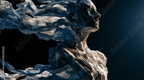 Human figure made of crumpled paper unraveling under a single spotlight, symbolizing burnout, emotional collapse, fragility, and mental exhaustion