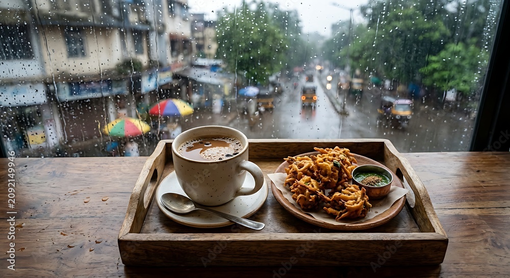 Fototapeta premium Hot Chai Tea and Pakoras Snack by Rainy Monsoon Window