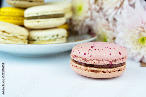Colorful macaroons (French cookies) are lying on a white table against a background of flowers. The concept of a wedding, holiday, Valentine's day. Copy space for text.