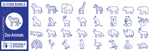 Photography Zoo animals icon set, wild animal vector line art bundle, safari animals outline