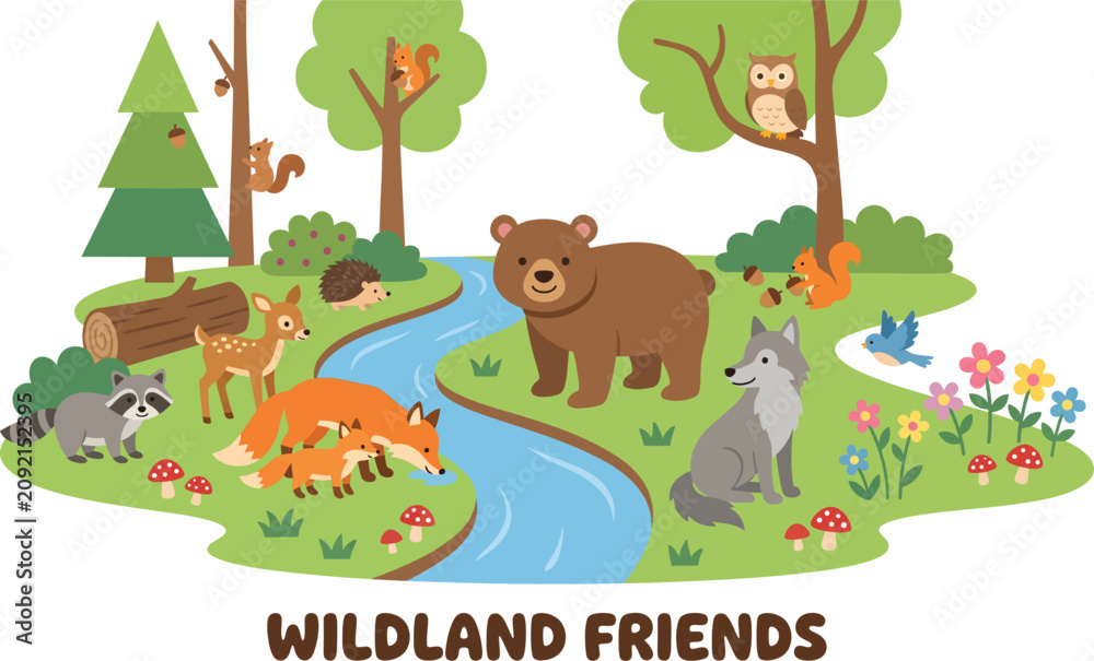 Fototapeta premium Cartoon forest scene with brown bear wolf fox raccoon deer hedgehog squirrel owl and blue bird playing near a winding blue river with green grass trees flowers and red mushrooms on white background