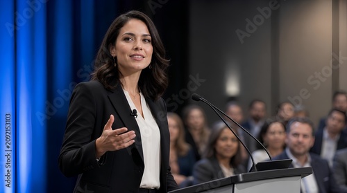 Confident female executive speaks at a podium before a blurred conference audience, ideal for leadership, corporate training, and public speaking campaigns.