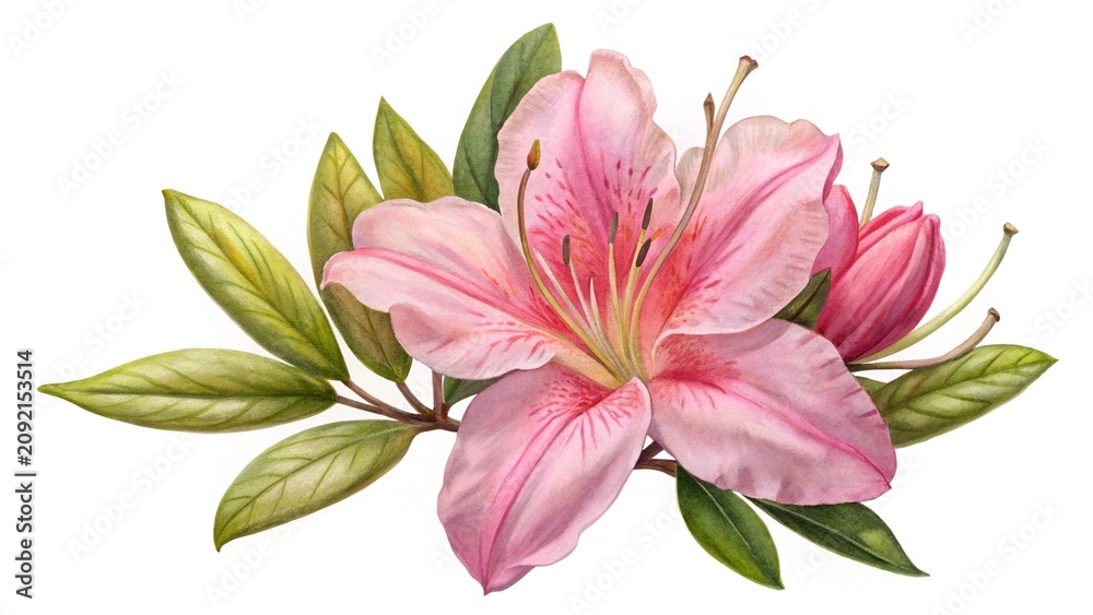Obraz premium Pink flowering azalea with green leaves - A beautifully illustrated pink azalea flower with delicate petals and fresh green leaves, ready for stock use.
