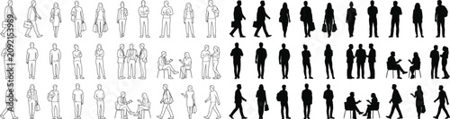 Bild auf Leinwand Vector set of business people and casual characters in outline and black silhoue