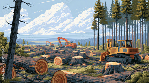 Half-cleared forest with logging machinery and fallen trees, illustrating deforestation, habitat destruction, and the environmental impact of large scale logging