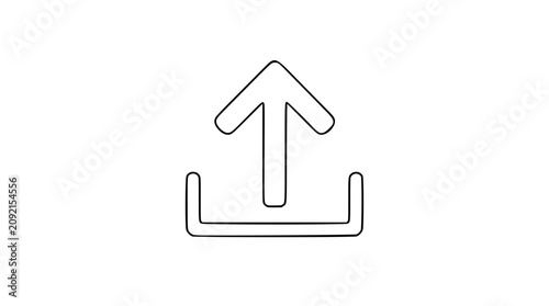 A clean black and white line art vector icon of an upload arrow rising from a tray, useful for cloud storage, file sharing, or app buttons.