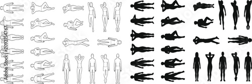 Tableau sur toile Vector top view set of people lying down sunbathing and standing outline and sil