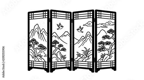 A four panel folding room divider featuring traditional Asian landscape art.