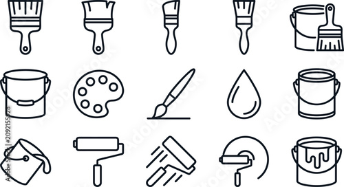 Painting tools and renovation equipment line icon set featuring brushes paint cans rollers and palette.
