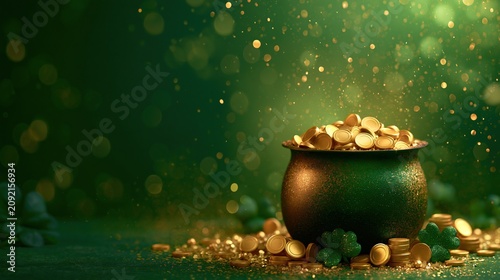 Celebrate St Patricks Day with leprechaun treasure, a pot of gold coins and shamrocks on a festive green background
