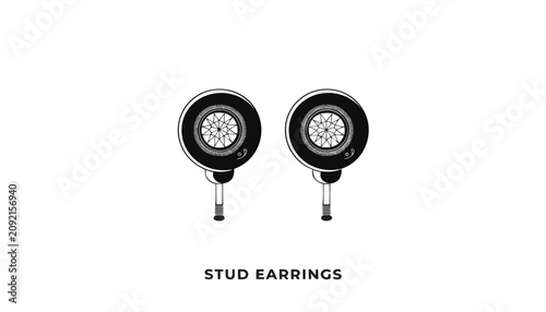 Photos Very beautiful black and white realistic vector illustration of stud earrings featuring engraved gemstone details, bold label reading STUD EARRINGS, elegant linework, isolated on white background