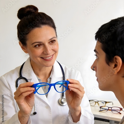 Middle-aged ophthalmologist with a warm smile and gentle hands, wearing a white coat with a stethoscope around their neck.