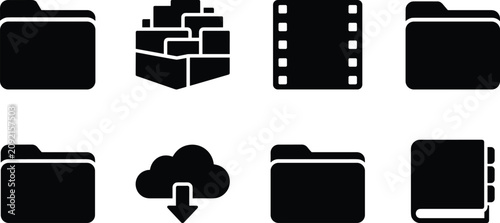Foto Data Organization and Digital File Management Solid Icon Set Featuring Storage F
