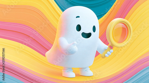 Cute ghost character holds a magnifying glass with colorful background in a playful scene