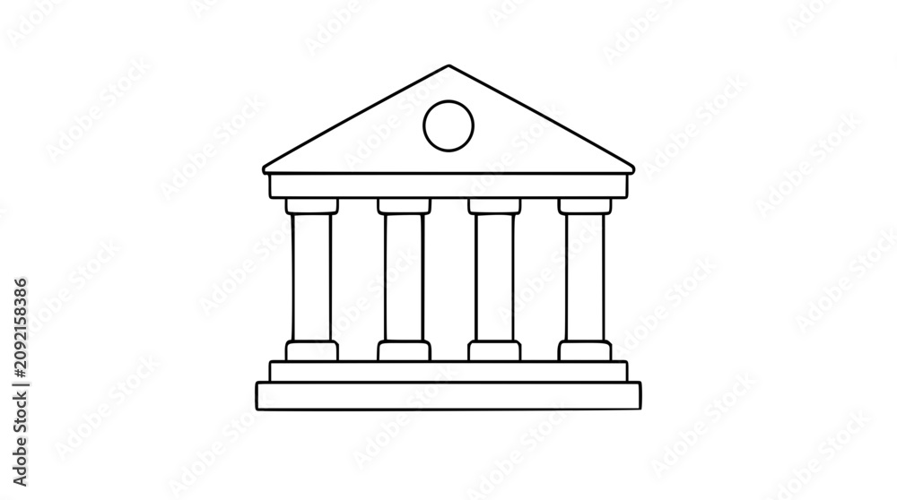 Obraz premium A clean black and white line art vector icon depicting a classical bank building with columns, ideal for financial services, banking apps, or institutional branding materials.