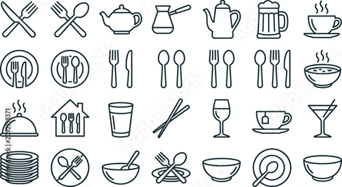 Bild auf Leinwand Restaurant cutlery and kitchen tableware line icon set featuring plates forks spoons knives and drinks