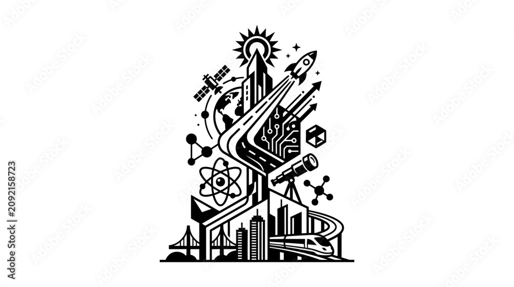 Fototapeta premium Black and white illustration of a futuristic city integrated with scientific and technological symbols.