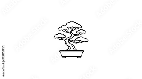 Bild auf Leinwand A clean black and white line art vector icon of a windswept bonsai tree with dramatic curved trunk, ideal for wellness brands, spa identities, or artistic nature-themed compositions