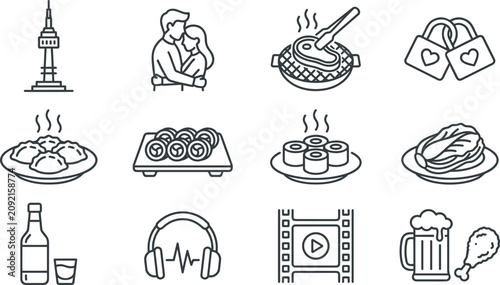 Billede på lærred South Korea travel culture and traditional cuisine line icon set featuring kimchi k-pop and barbecue