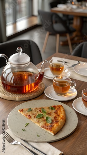 Premium pizza served with hot tea on stylish dining table Vertical commercial artwork designed for pizzeria business marketing branding social media promotional content