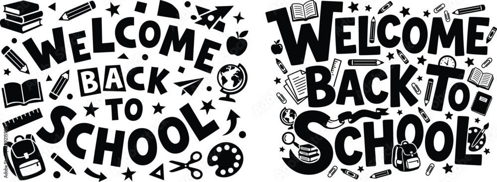 Obraz premium Welcome Back to School typography with educational icons and symbols on white background