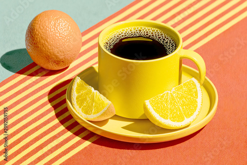 A yellow cup of coffee with lemon slices next to an orange on a striped table