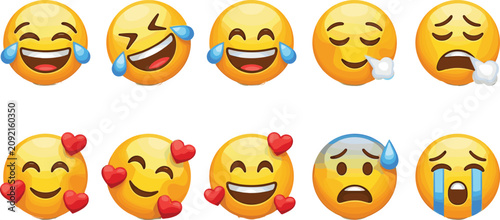 Foto Yellow emoji emoticon cartoon face collection featuring various expressions of laughter love sadness and fear