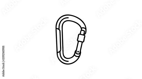 Photos A clean black and white line art vector icon of a climbing carabiner with gate, ideal for outdoor adventure branding, mountaineering equipment guides, or safety gear illustrations