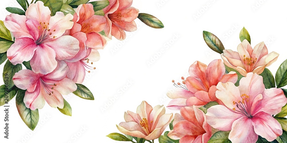 Fototapeta premium Pink and peach azalea flowers arrangement - Soft watercolor style cluster of delicate pink and peach azalea blooms with green leaves in a natural setting.