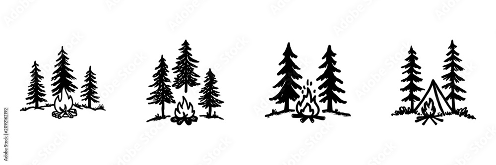 Obraz premium Camping And Campfire Scenes In Hand Drawn Style Set. Outdoor Adventure Doodle Sketch Collection. Perfect For Nature Enthusiasts And Travel. Isolated Vector Illustration