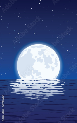Canvastavla Beautiful full moon rising over calm ocean water under starry night sky vector i