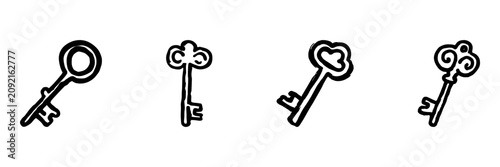 Vintage Key Icons In Hand Drawn Style Set. Security And Access Doodle Sketch Collection. Ideal For Graphic Design And. Isolated Vector Illustration