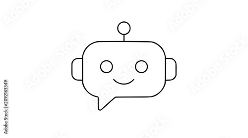 Photos A clean black and white line art vector icon of a chatbot speech bubble with a friendly robot face, perfect for AI assistant interfaces and customer support applications