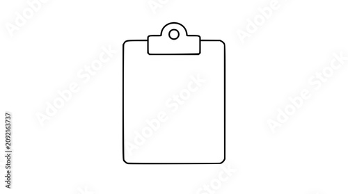 A clean black and white line art vector icon of a clipboard with paper, perfect for productivity apps, task management interfaces, or office documentation graphics.