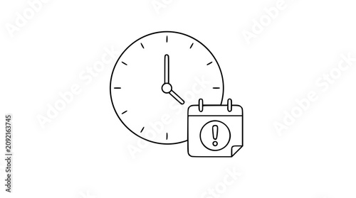A clean black and white line art vector icon of a clock with deadline urgency indicators, perfect for project management and time-sensitive applications.