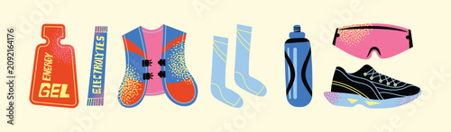 Trail running gear vector illustration set. Flat marathon sport equipment icons with running shoe, hydration vest, energy gel, electrolytes packet, water bottle, socks, and sunglasses
