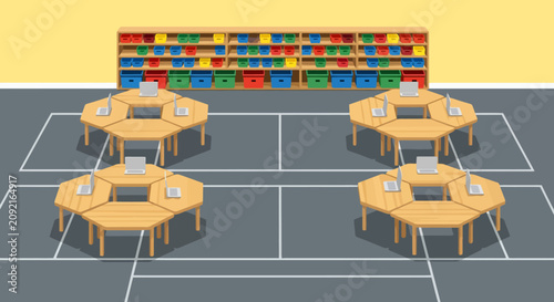 Modern classroom interior with hexagonal wooden desks and laptop computers