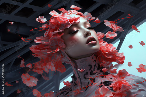 Surreal portrait of a futuristic woman with flowing pink petals and floral elements, imaginative digital art with elegant fantasy style