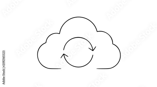 A clean black and white line art vector icon depicting a cloud with circular sync arrows, perfect for illustrating data synchronization, cloud computing updates, or refresh functionality in digital in