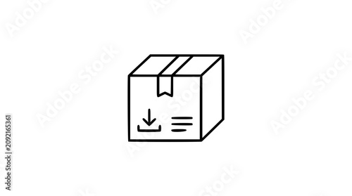 A clean black and white line art vector icon of a sealed delivery box with tape, designed for e-commerce platforms, shipping notifications, or parcel tracking services.