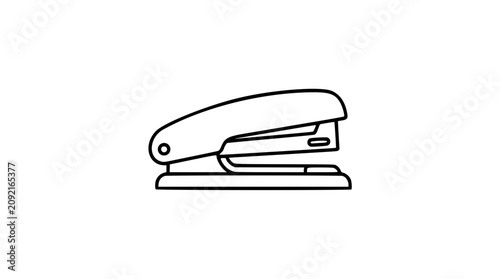 A classic desk stapler with hinged top and metal base in outline form, great for office supply catalogs, stationery shops, or workplace productivity applications.